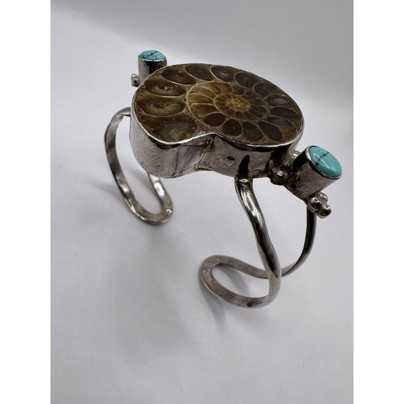 Native American Sterling Silver Statement Cuff Fossilized Nautilus w/ Turquoise - Picture 1 of 13